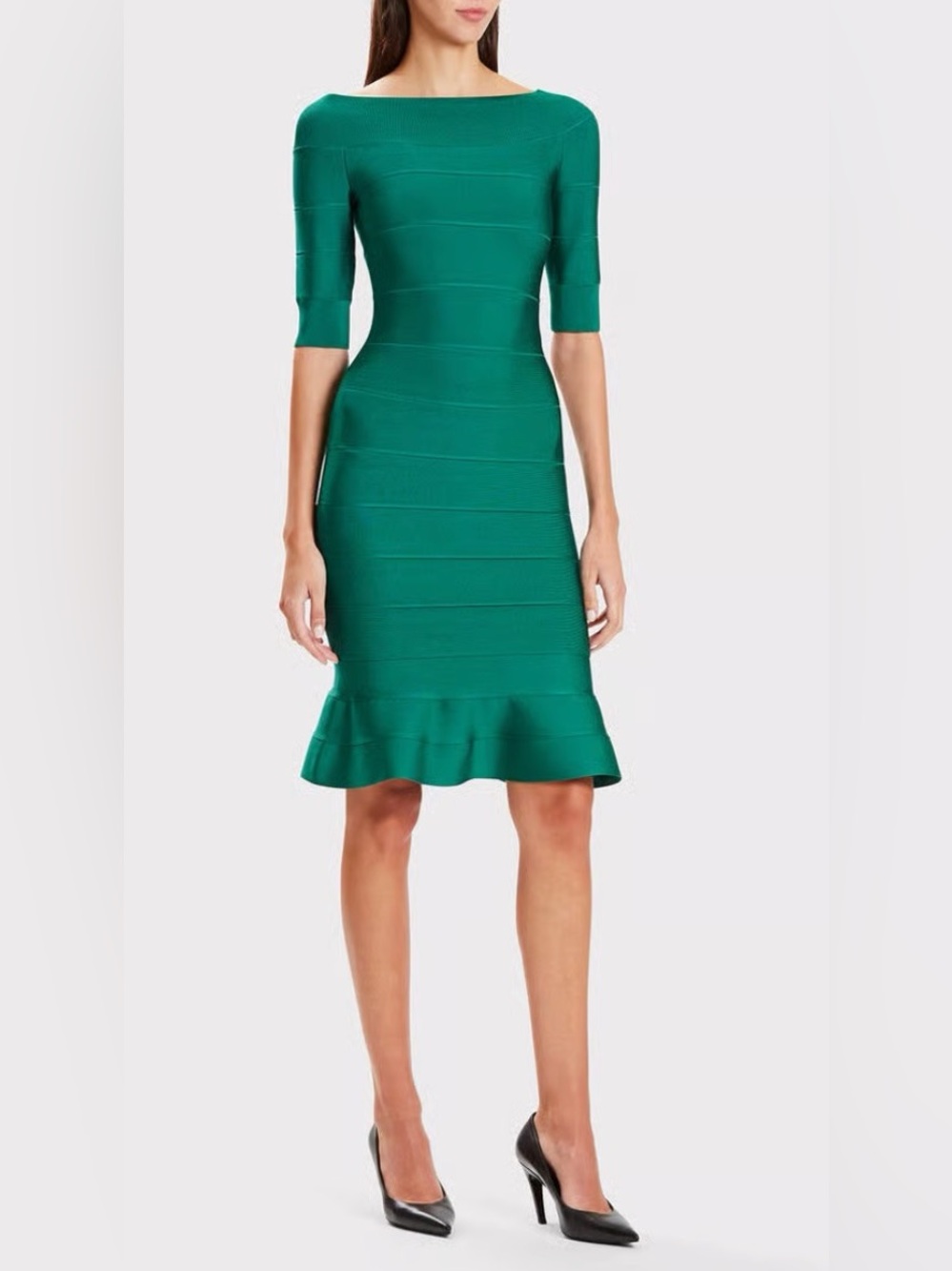 NWT Herve Leger Boat Neck Bandage Dress Classic Alpine Green  Small